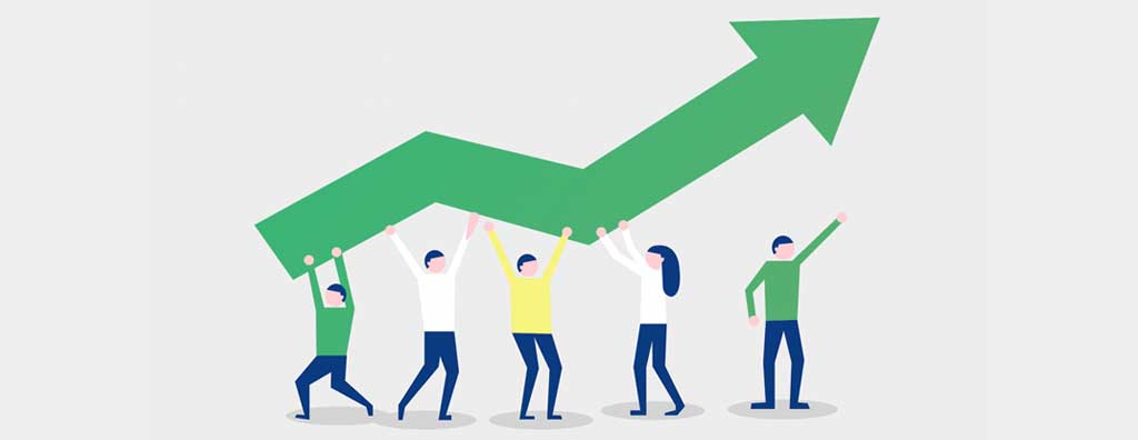 Illustration of people holding up an ascending line graph