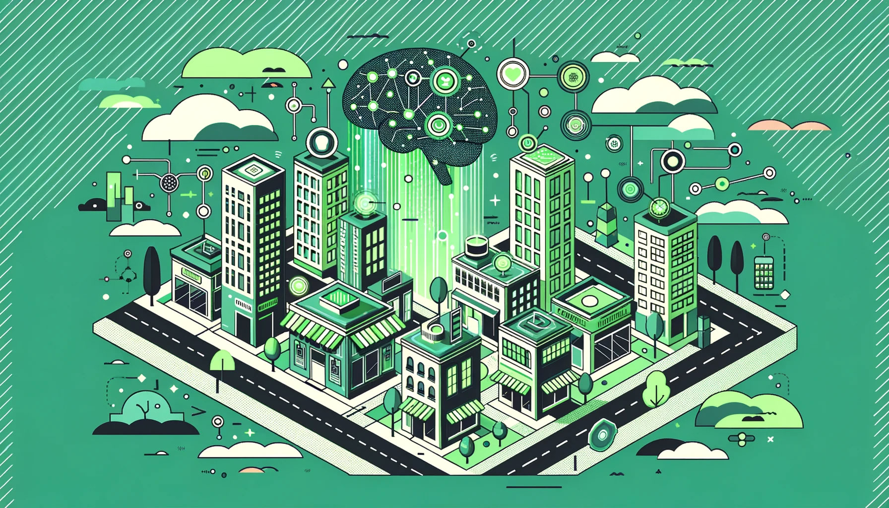 Illustration depicting a modern cityscape where the buildings, roads, and skies are colored using shades of green. Small businesses in this cityscape have digital screens and devices, all glowing in the same green shade. They are powered by a central AI hub depicted as a glowing brain in the same color. 