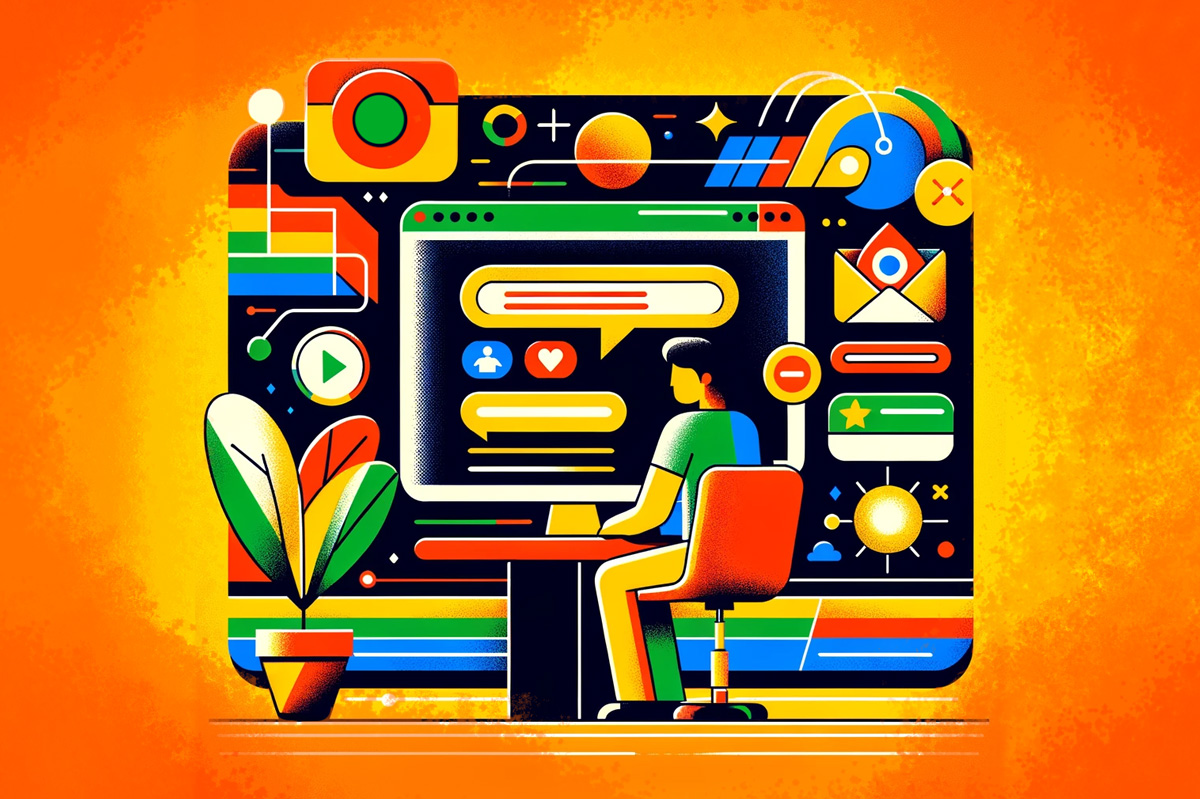 Abstract illustration of man sitting at computer, updating social profile