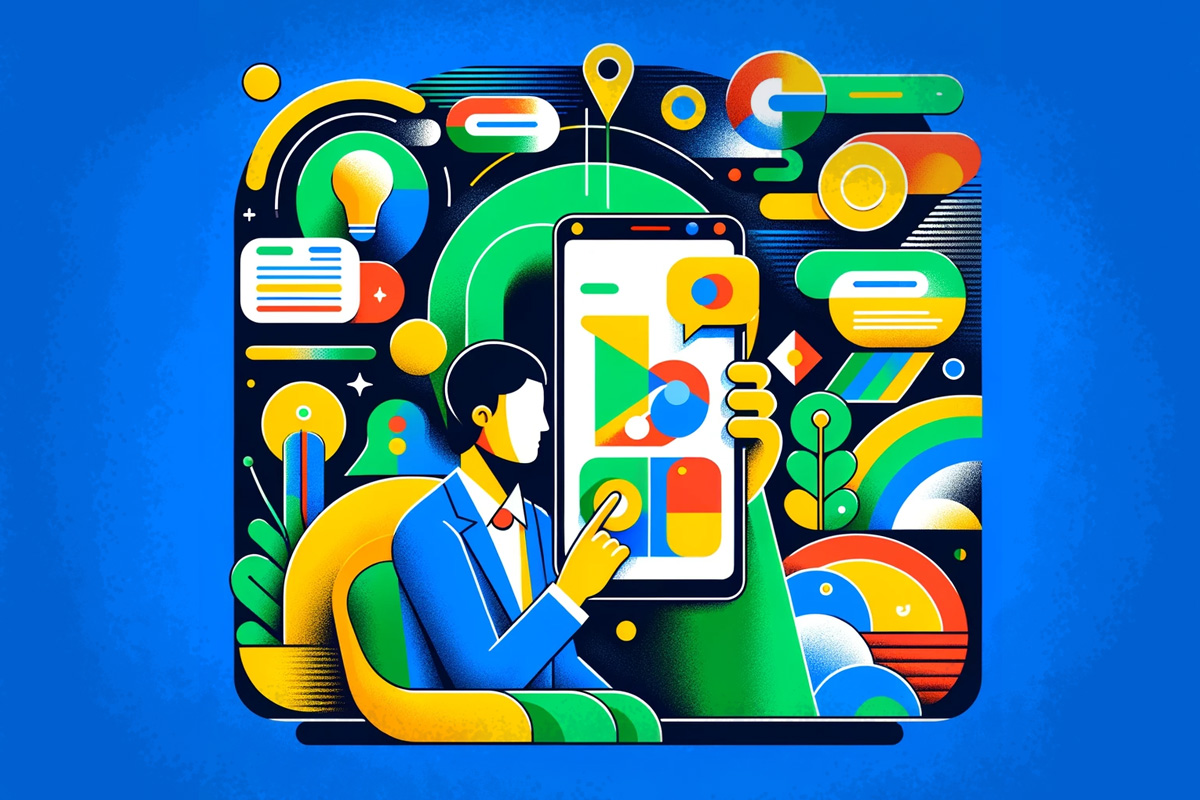 Abstract illustration of a man updating his Google Business Profile on a cell phone