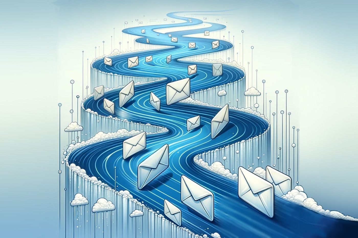 EmailStream conceptualized by a flowing stream of emails moving in what appears to be water