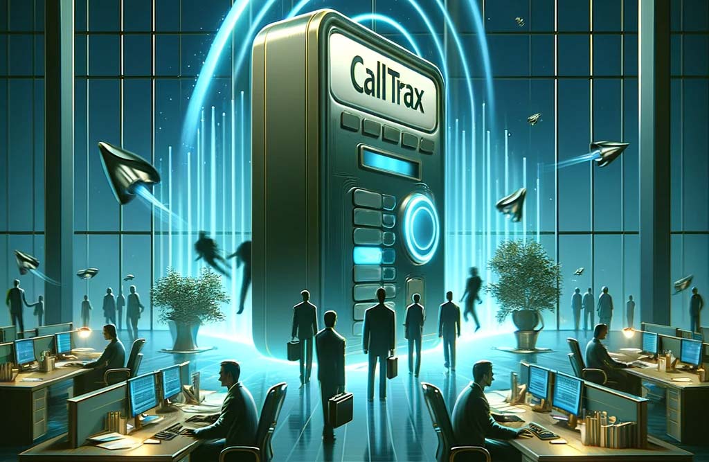 A modern, sleek office environment where a professional team is visibly relieved and focused on their work, thanks to a large, futuristic-looking device labelled 'CallTrax' prominently displayed in the center. 