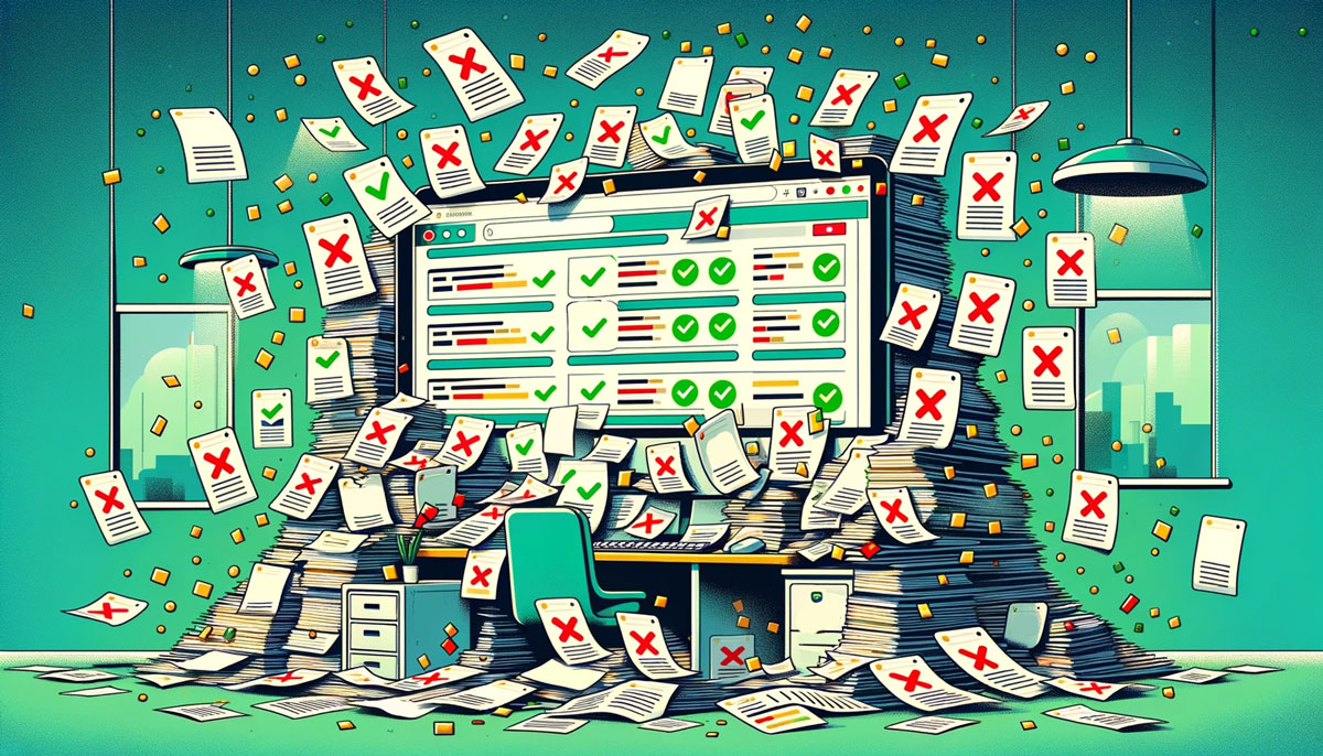 A large, overwhelming report overflowing from a computer screen, symbolizing confusion and overload. The report is filled with binary symbols: green checks and red Xs, representing the tool's simplistic rating system. This oversimplification is depicted by having the checks and Xs spill out of the computer, creating a chaotic scene around the workspace. 