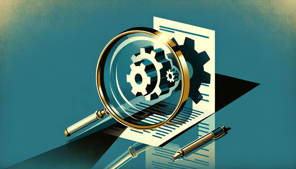 An abstract illustration that metaphorically depicts the concept of deception within the context of SEO analysis. The image features a large, stylized magnifying glass focusing on a document that symbolizes an SEO report. 
